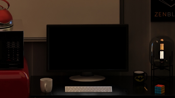 A 3d viewer perspective looking at a computer monitor on a desk.